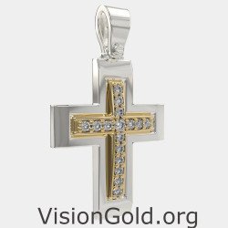 Two-tone Gold Baptism Religion Cross Pendant Necklace 0042LK