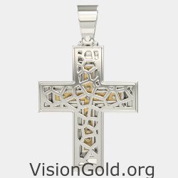 Dos tonos de oro Bautizo Religión Cruz Colgante Collar 0042LK