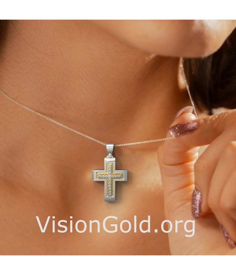 Two-tone Gold Baptism Religion Cross Pendant Necklace 0042LK