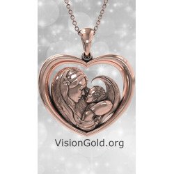 Mother and Baby Heart Pendant Necklace - New Mom Gift 0857R