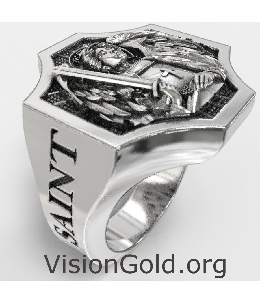 Premium Saint Michael Silver Men Signet Ring 0879