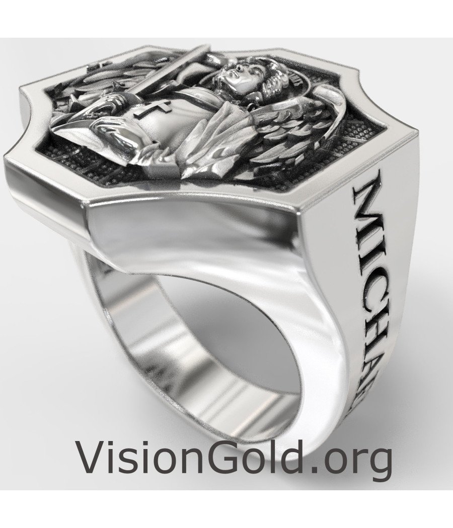 Premium Saint Michael Silver Men Signet Ring 0879