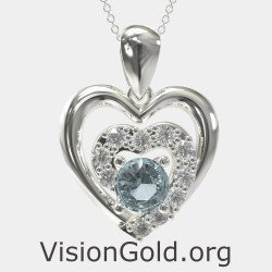 Double Heart Necklace With Synthetic Aquamarine 0560LA