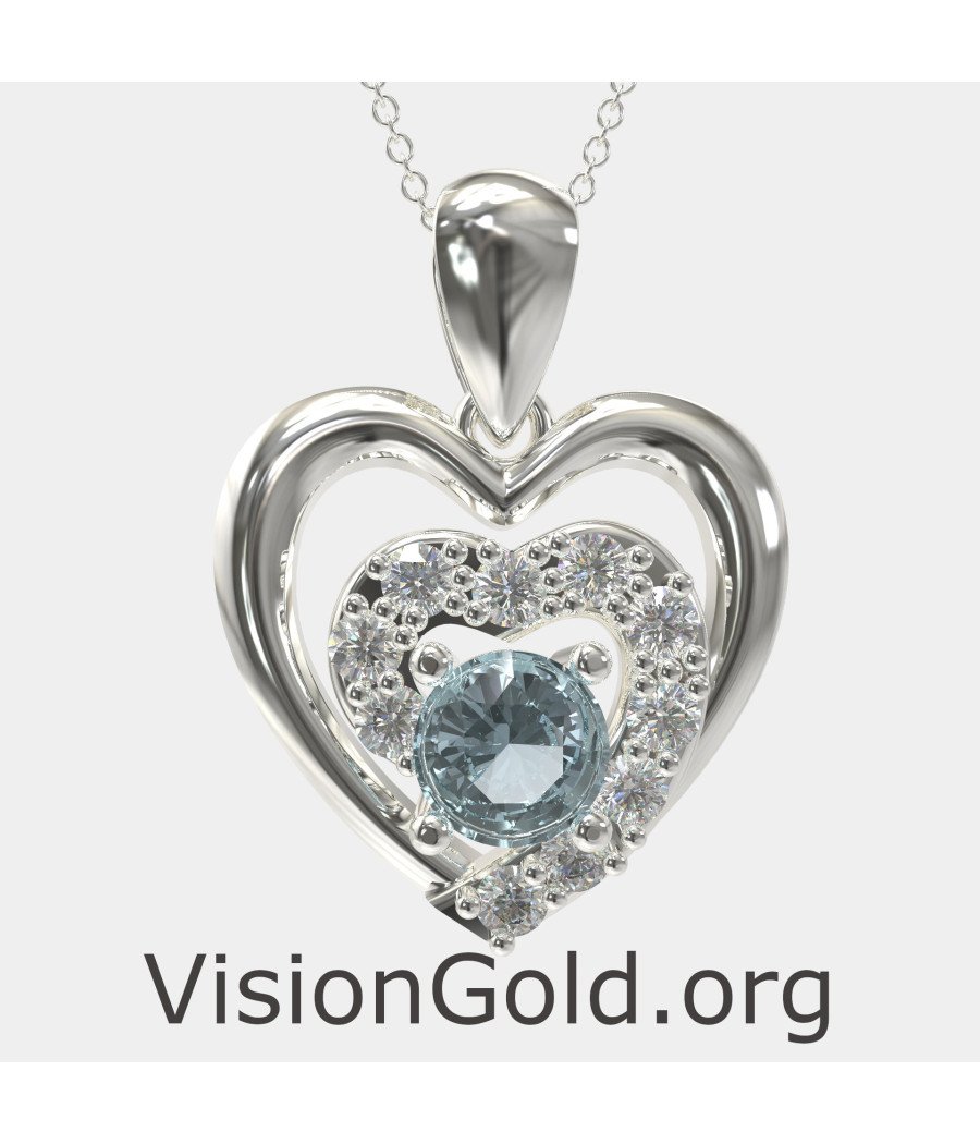 Double Heart Necklace With Synthetic Aquamarine 0560LA