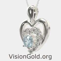 Double Heart Necklace With Synthetic Aquamarine 0560LA