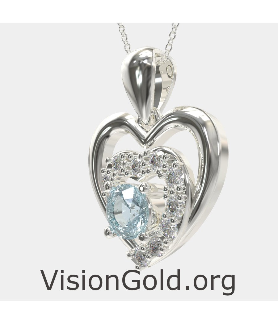 Double Heart Necklace With Synthetic Aquamarine 0560LA