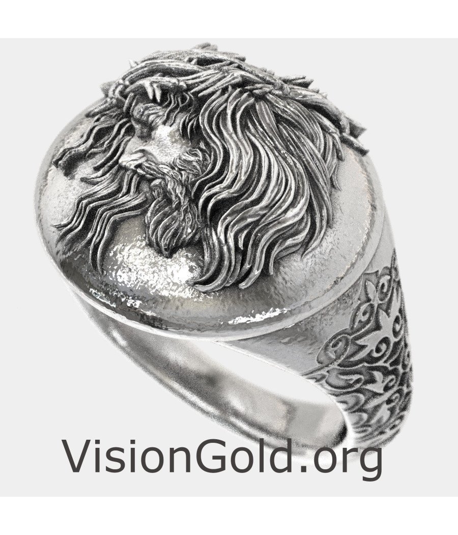 Mens Jesus Silver Ring, Savior Jesus Signet Ring, Religious