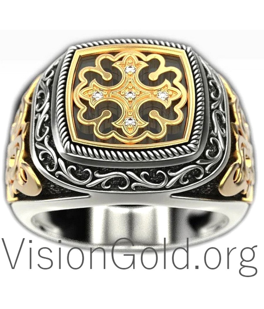 Two Tone Cross Signet Ring 0217