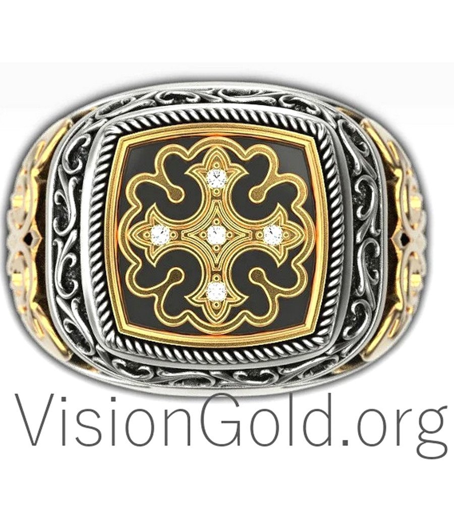 Two Tone Cross Signet Ring 0217