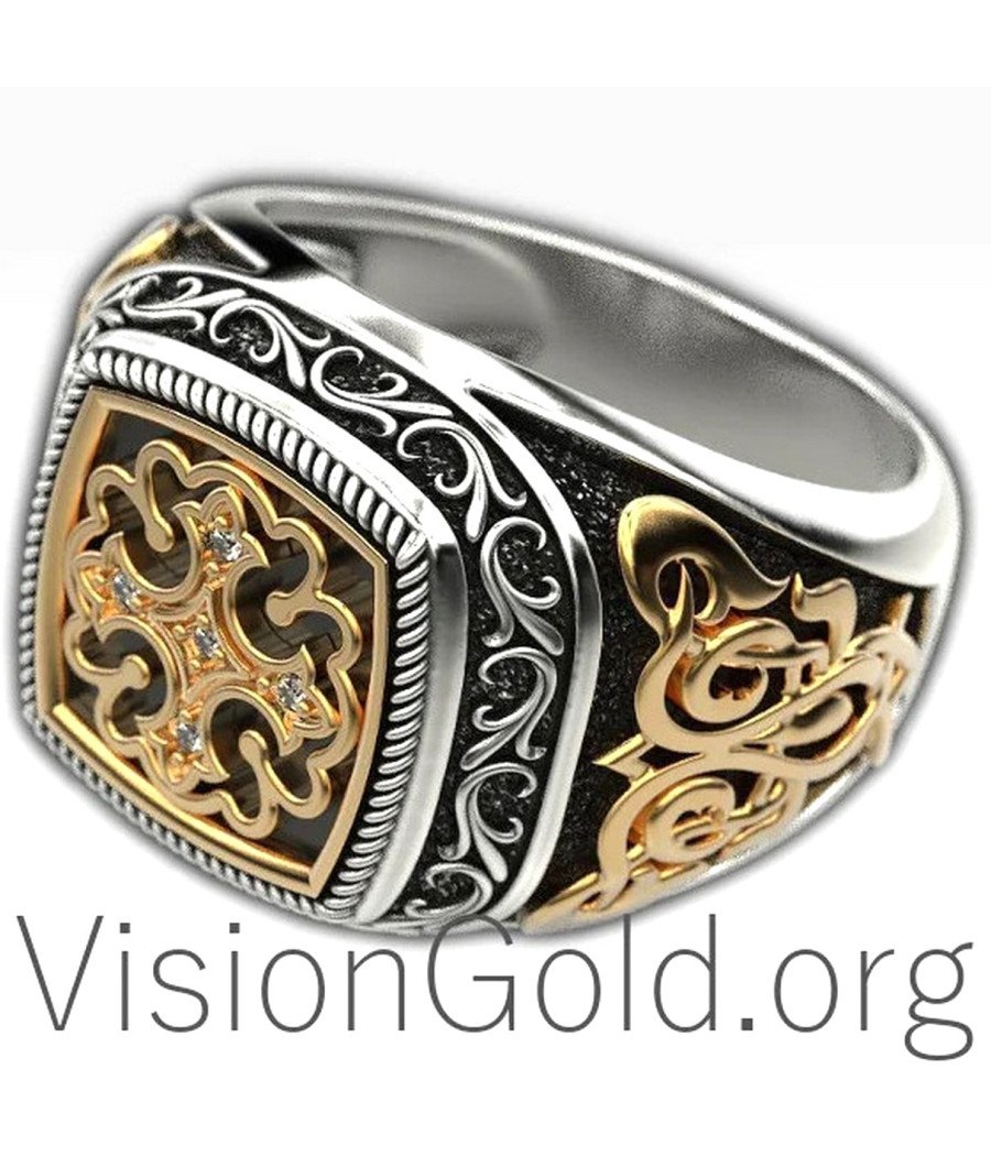 Two Tone Cross Signet Ring 0217