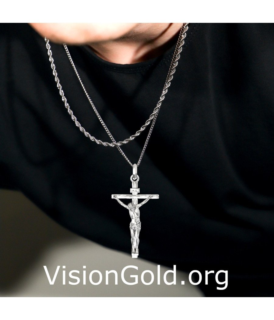 Jesus Silver Cross Mens Christian Necklace 0469