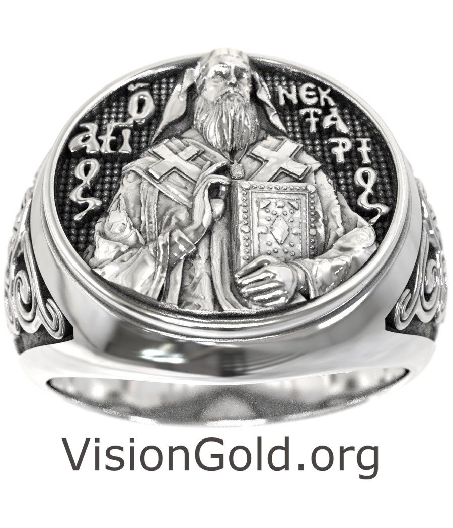 Orthodox Men Signet Ring St. Nectarios 0896