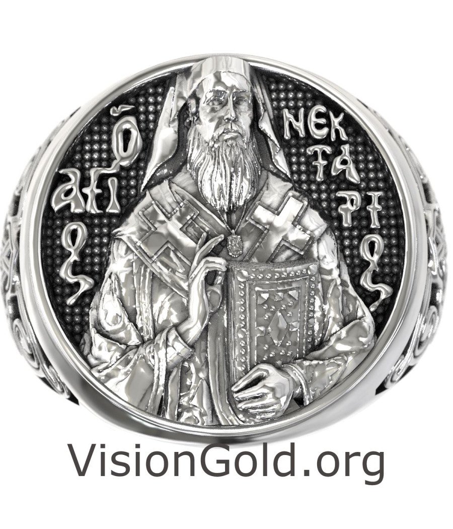 Orthodox Men Signet Ring St. Nectarios 0896