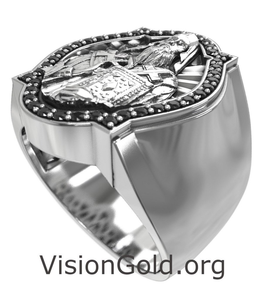 Engraved Orthodox Saint Nectarios Signet Silver Ring 0913