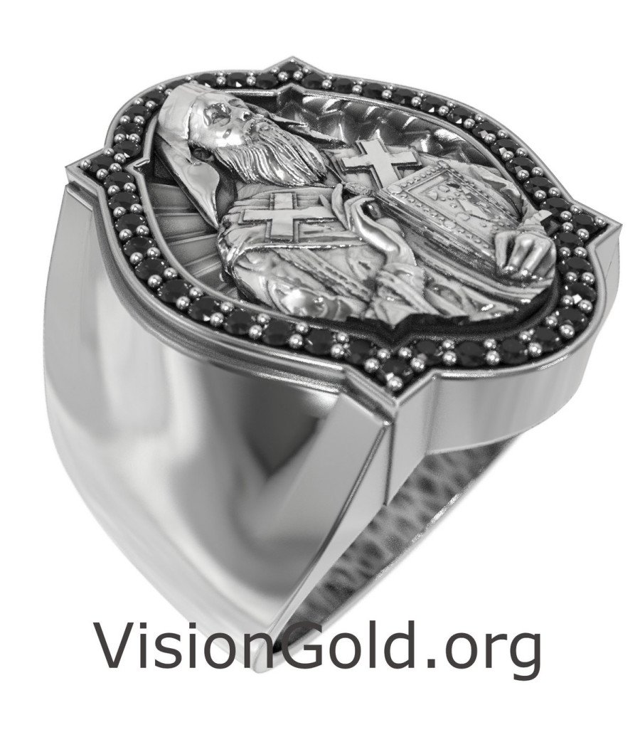 Engraved Orthodox Saint Nectarios Signet Silver Ring 0913