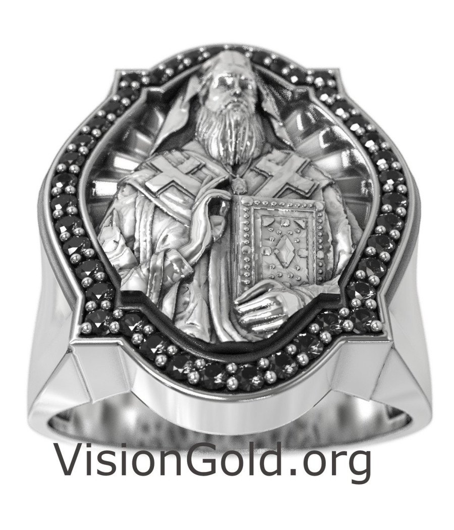 Engraved Orthodox Saint Nectarios Signet Silver Ring 0913