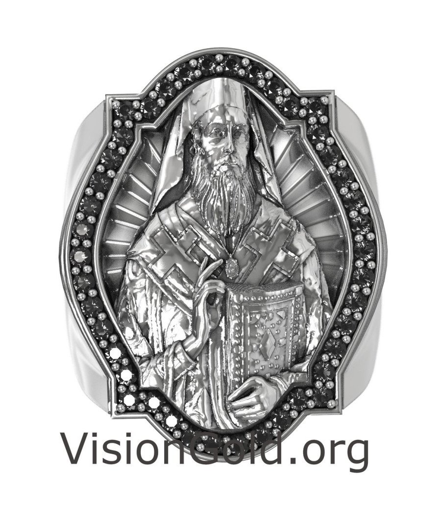 Bague en argent gravée Saint Nectarios Signet orthodoxe 0913