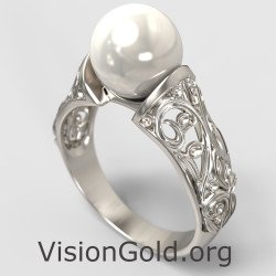 Weißgold 14k Floral Perle Ring 1276L