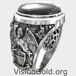 Signet Saint Michael With Black Onyx Gemstone Ring 0932