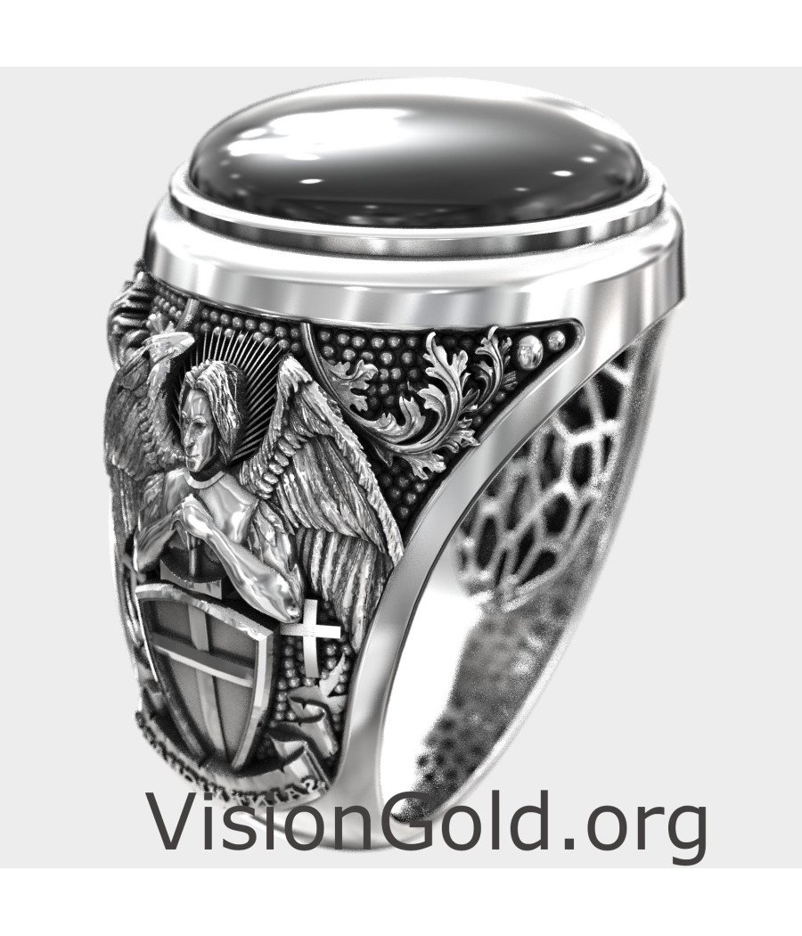 Signet Saint Michael With Black Onyx Gemstone Ring 0932