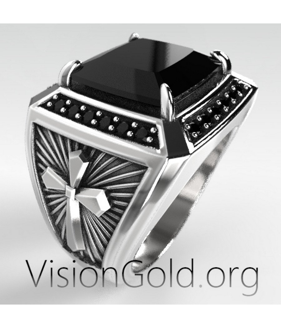 Bague Signet pour homme avec croix et pierres noires 0566