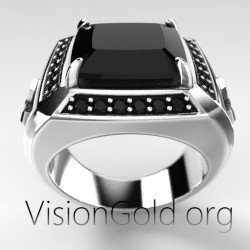 Bague Signet pour homme avec croix et pierres noires 0566