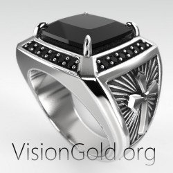 Signet Men's Ring With Cross And Black Stones 0566