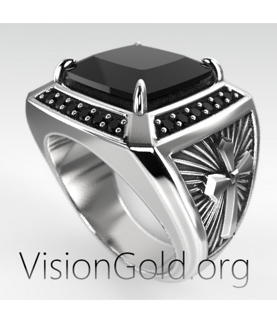 Bague Signet pour homme avec croix et pierres noires 0566
