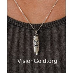 Skull Silver Men Bullet Pendant Necklace 0502L