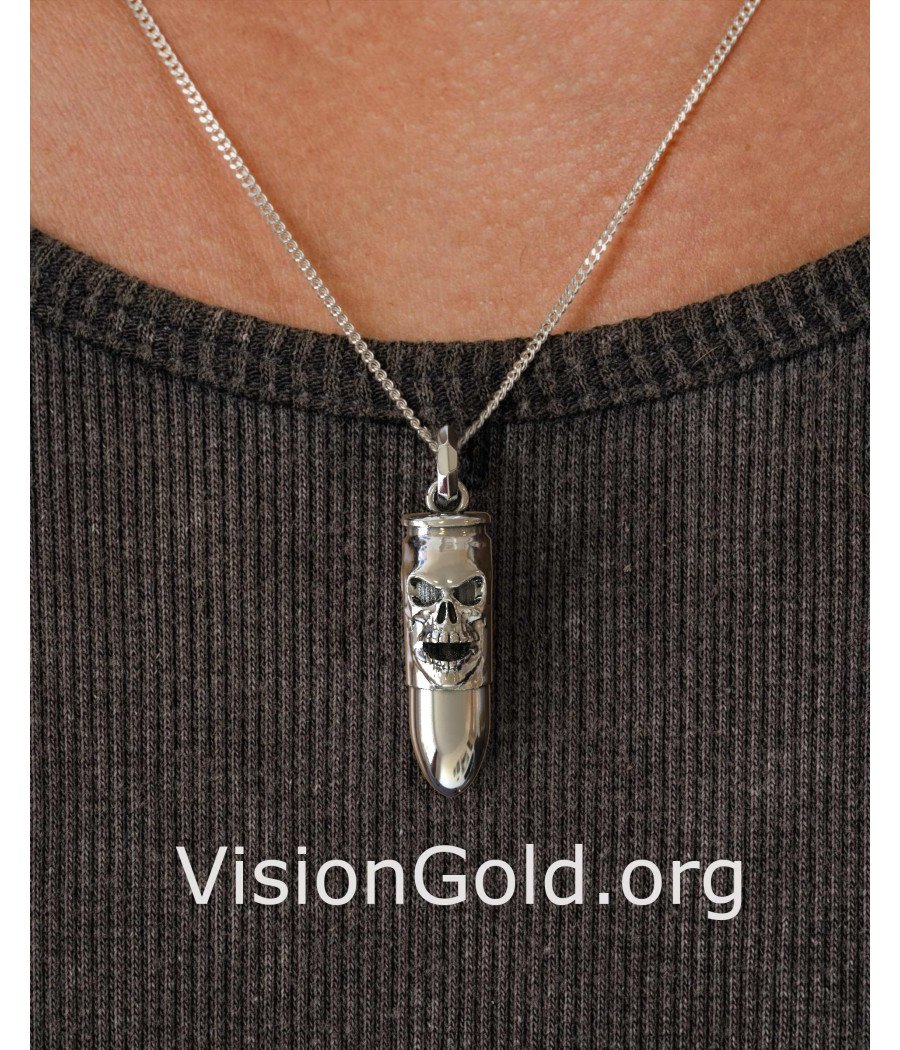 Skull Silver Men Bullet Pendant Necklace 0502L