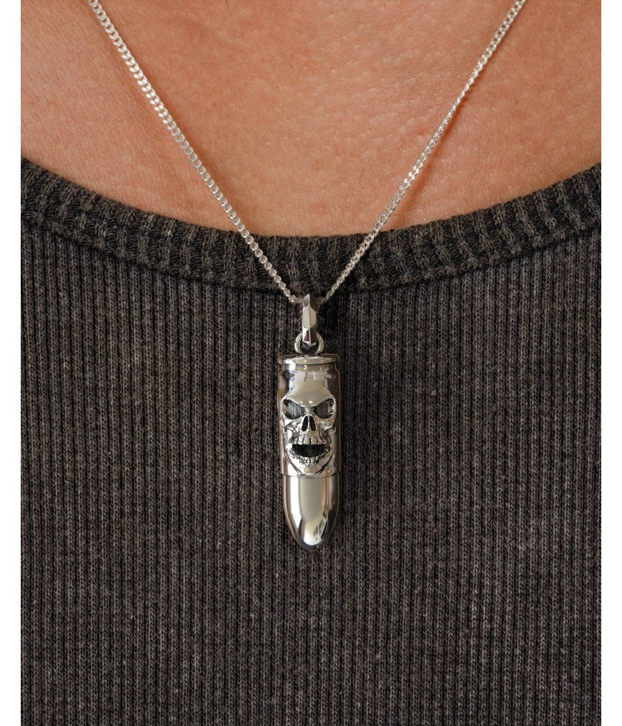 Skull Silver Men Bullet Pendant Necklace 0502L