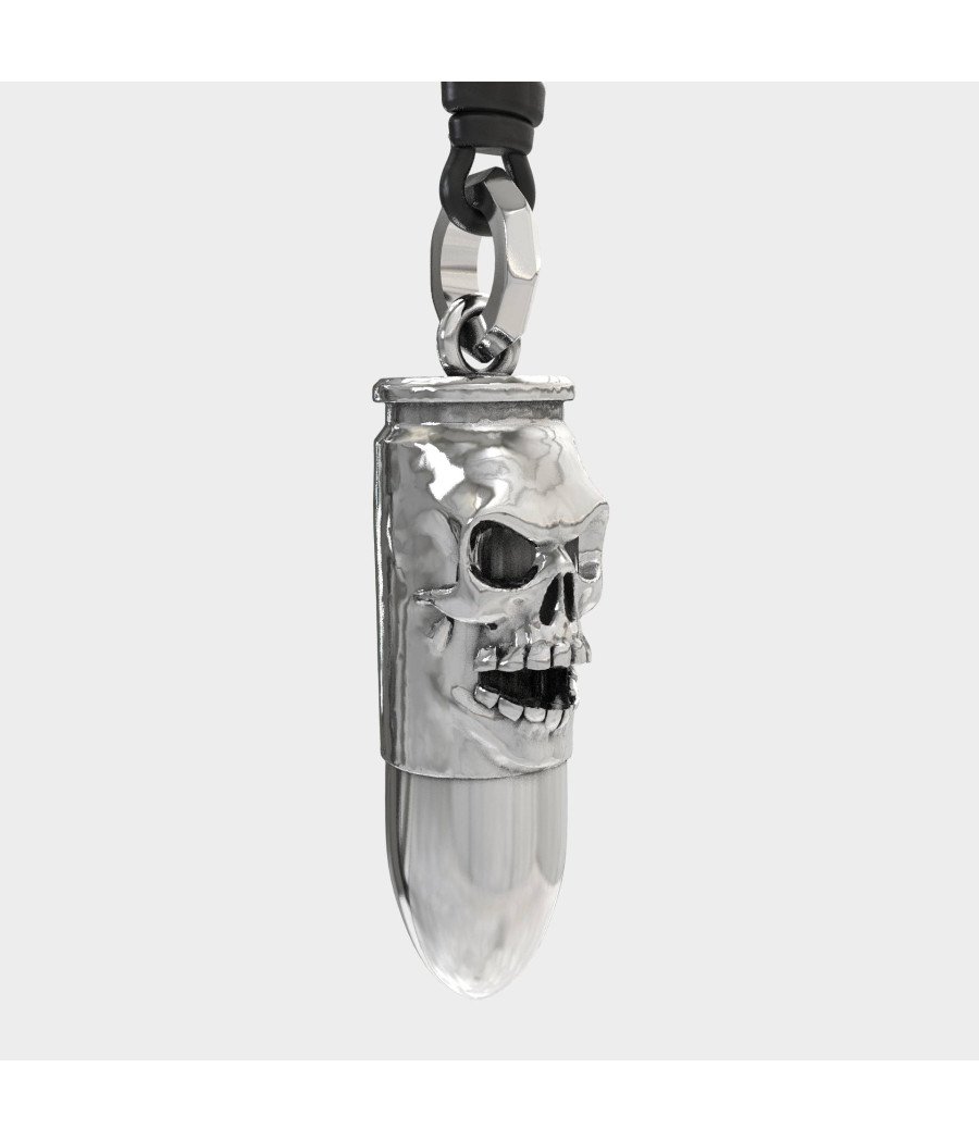 Skull Silver Men Bullet Pendant Necklace 0502L