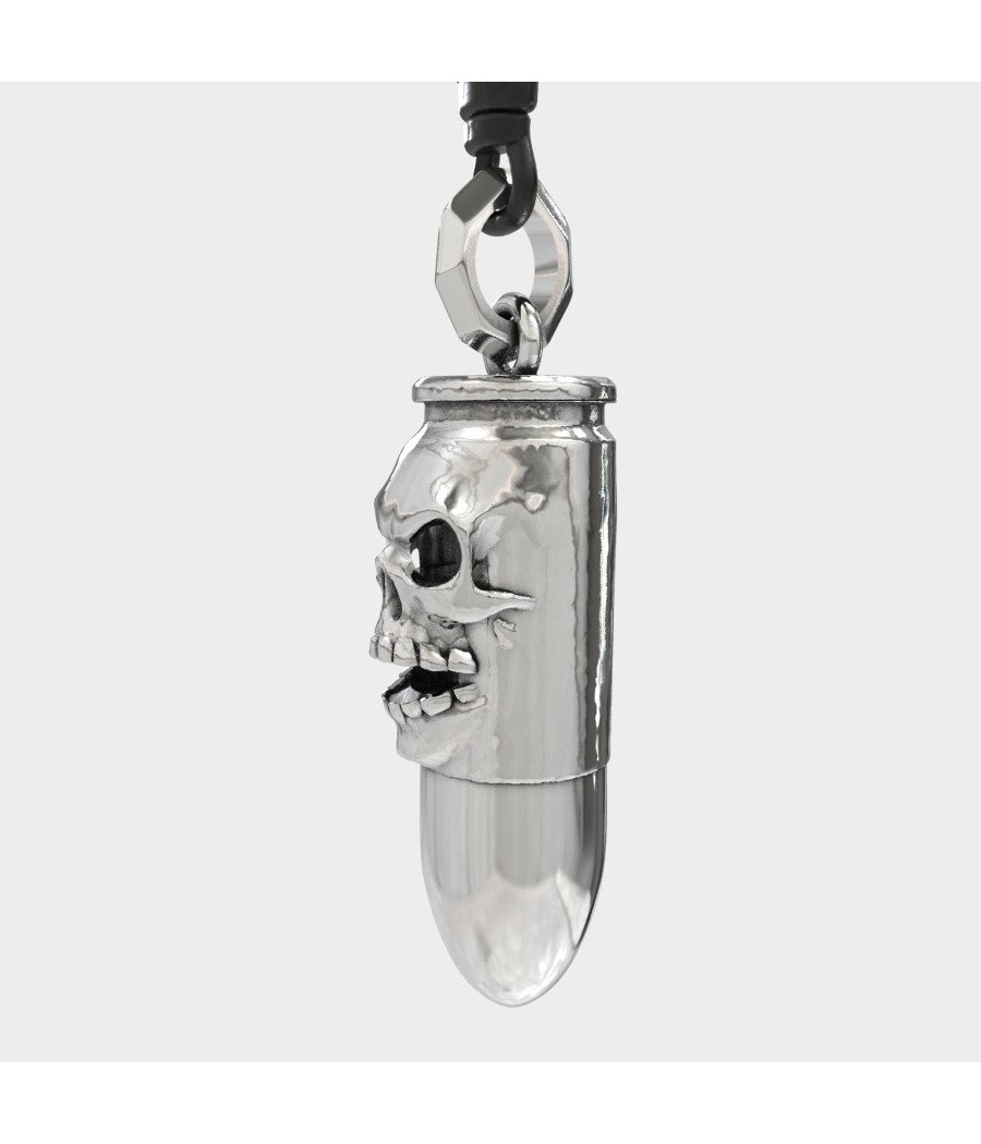 Skull Silver Men Bullet Pendant Necklace 0502L