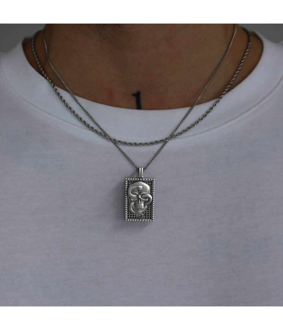 Stainless Still Skull Snake Mens Pendant Necklace 0092A