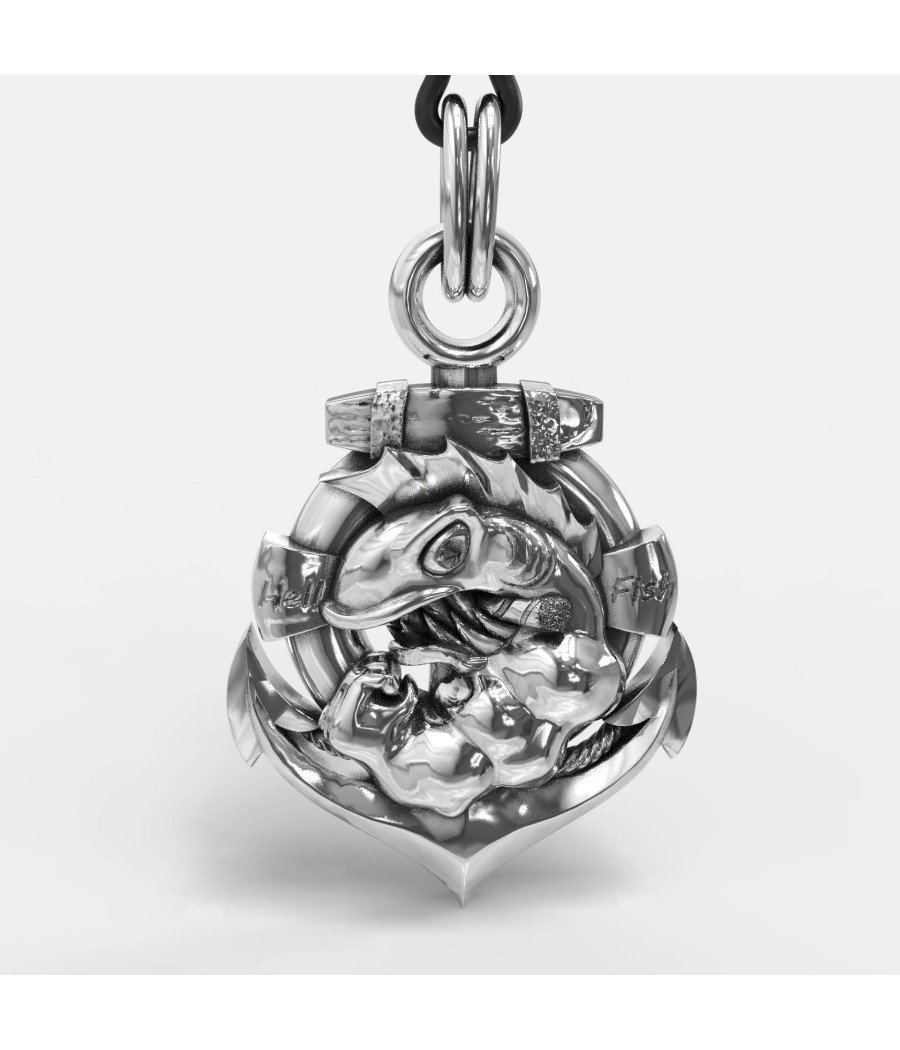 Collier en argent oxydé avec ancre et requin 0397
