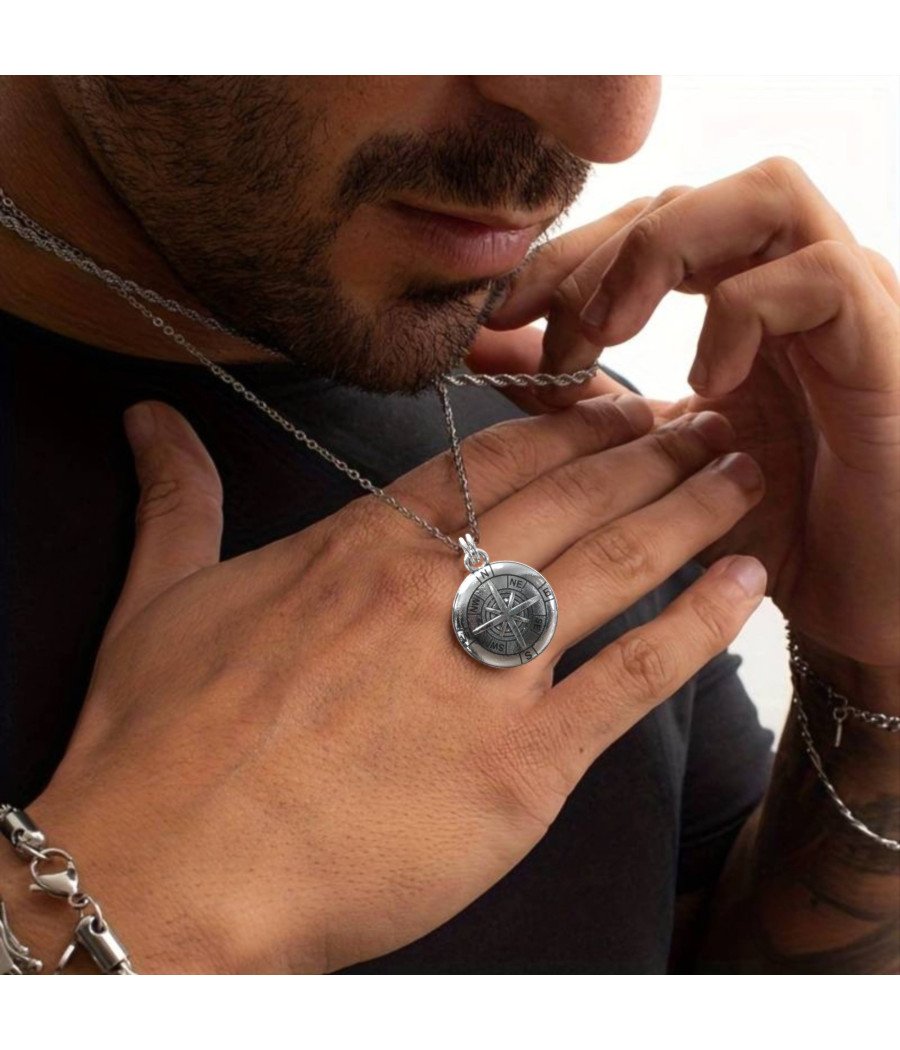 Men's 925 Silver Compass Necklace 0351