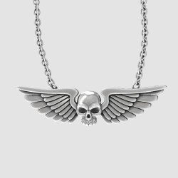 Skull with Wings Silver Mens Necklace 0344