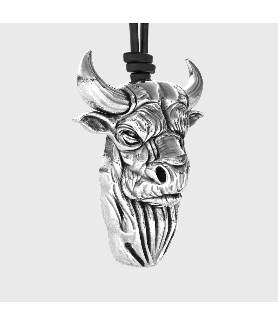 Silver Bull Head Pendant - Taurus Zodiac Necklace 0324