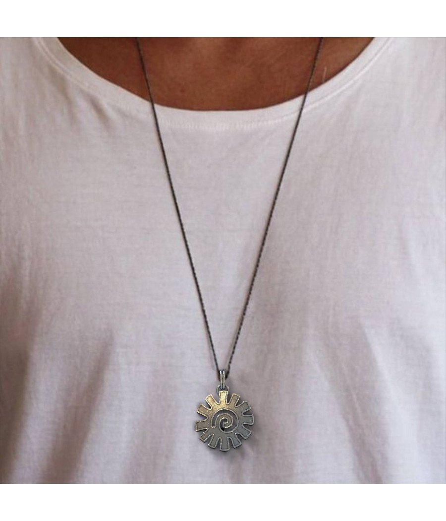 Mens Silver Aztec Sun Pendant Necklace 0290