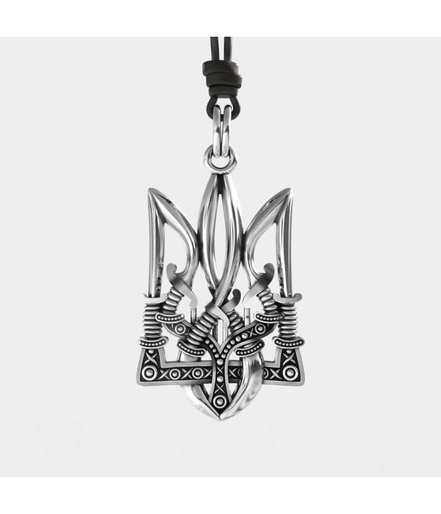 Silver Pendant Ukrainian Trident With Cossack Swords 0317