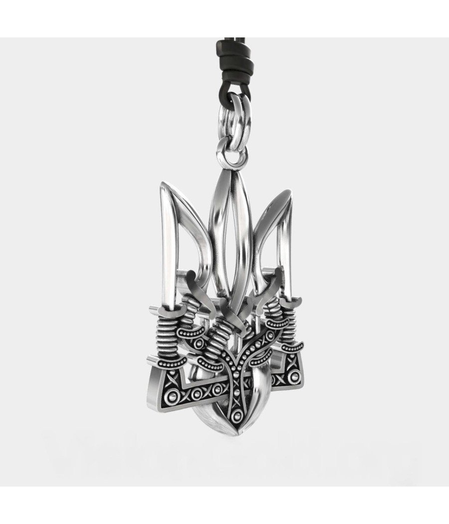 Silver Pendant Ukrainian Trident With Cossack Swords 0317