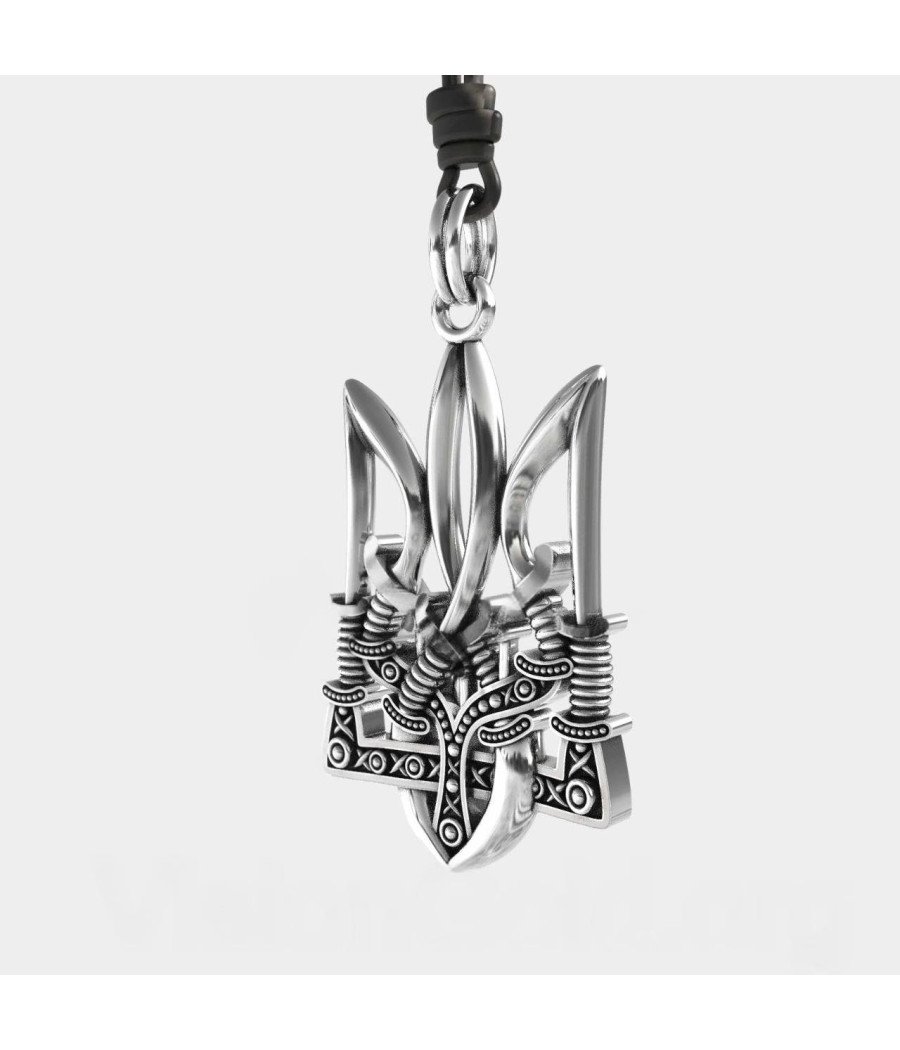 Silver Pendant Ukrainian Trident With Cossack Swords 0317