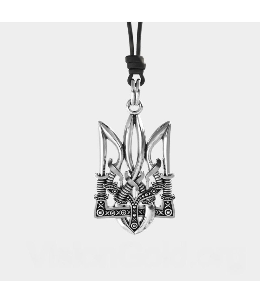 Silver Pendant Ukrainian Trident With Cossack Swords 0317