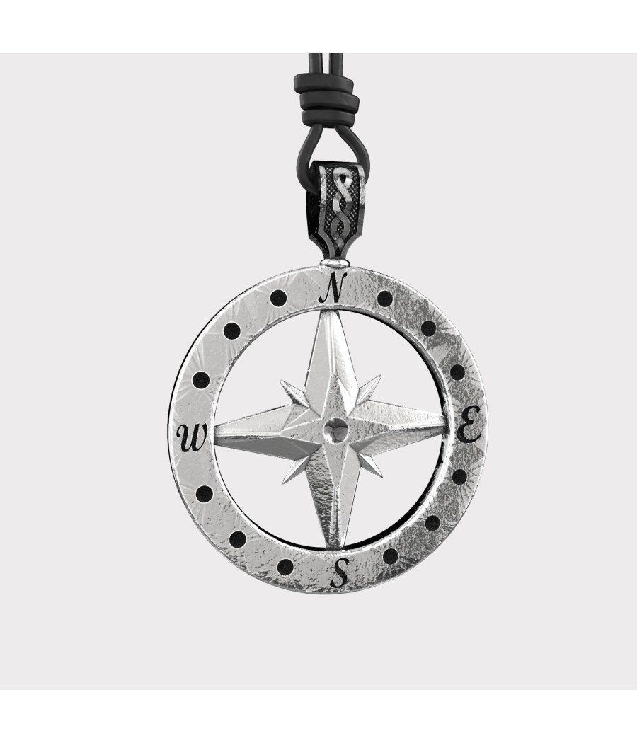 Silver North Star Compass Necklace - Mens Silver Compass