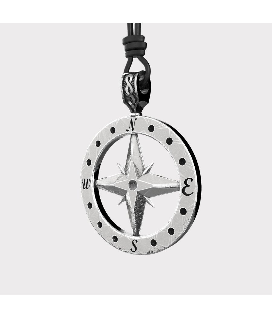 Silver North Star Compass Necklace - Mens Silver Compass