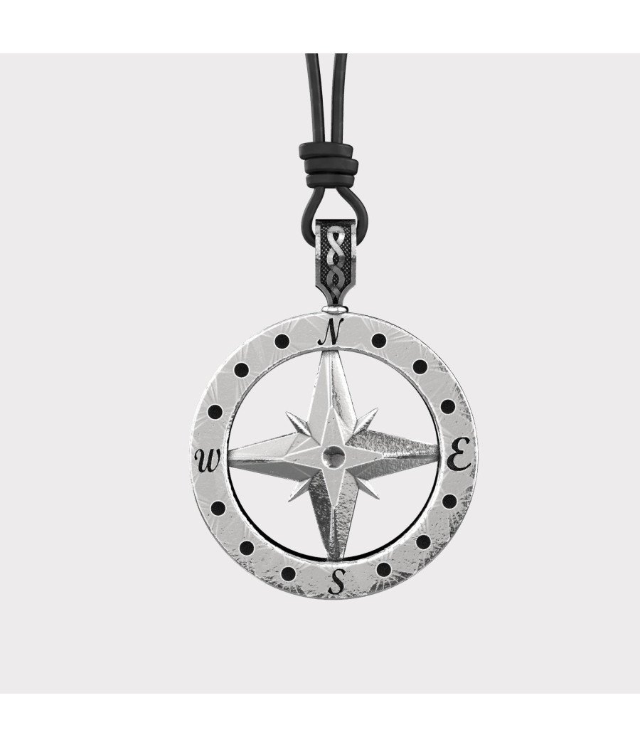 Silver North Star Compass Necklace - Mens Silver Compass