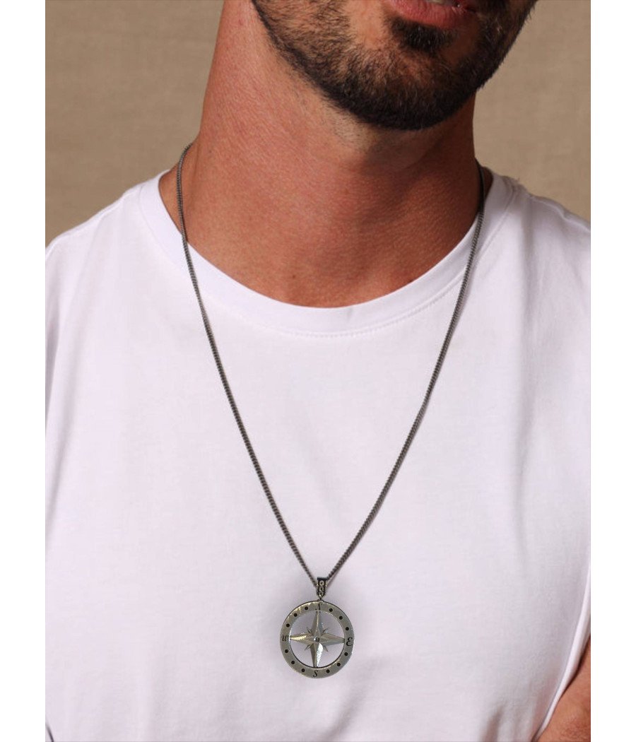 Silver North Star Compass Necklace - Mens Silver Compass