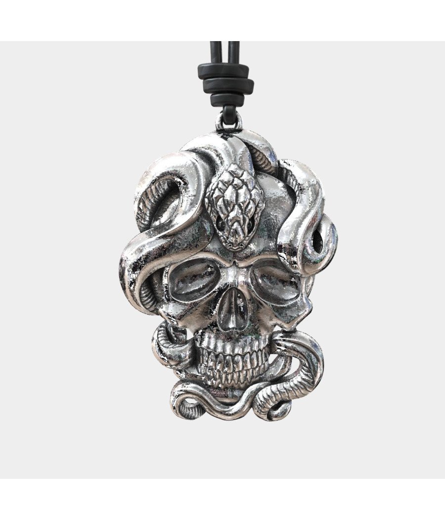 Skull with Snake Silver Necklace Pendant 0307