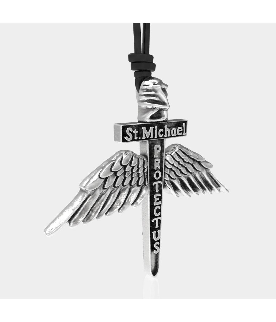 Silver St Michael Patron Protect Us Sword Necklace 0135