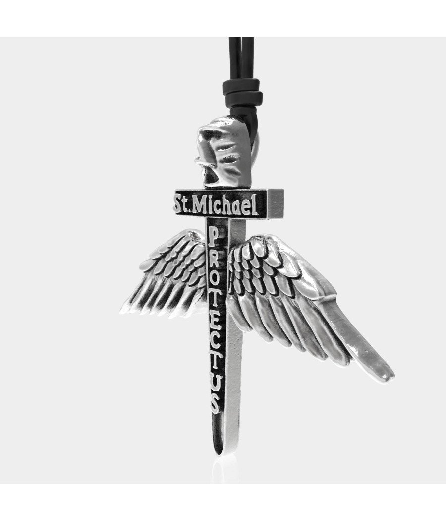 Silver St Michael Patron Protect Us Sword Necklace 0135